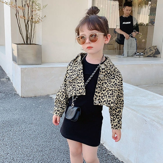 DR27-Dress Anak Perempuan Sleek Black + Jacket Leopard