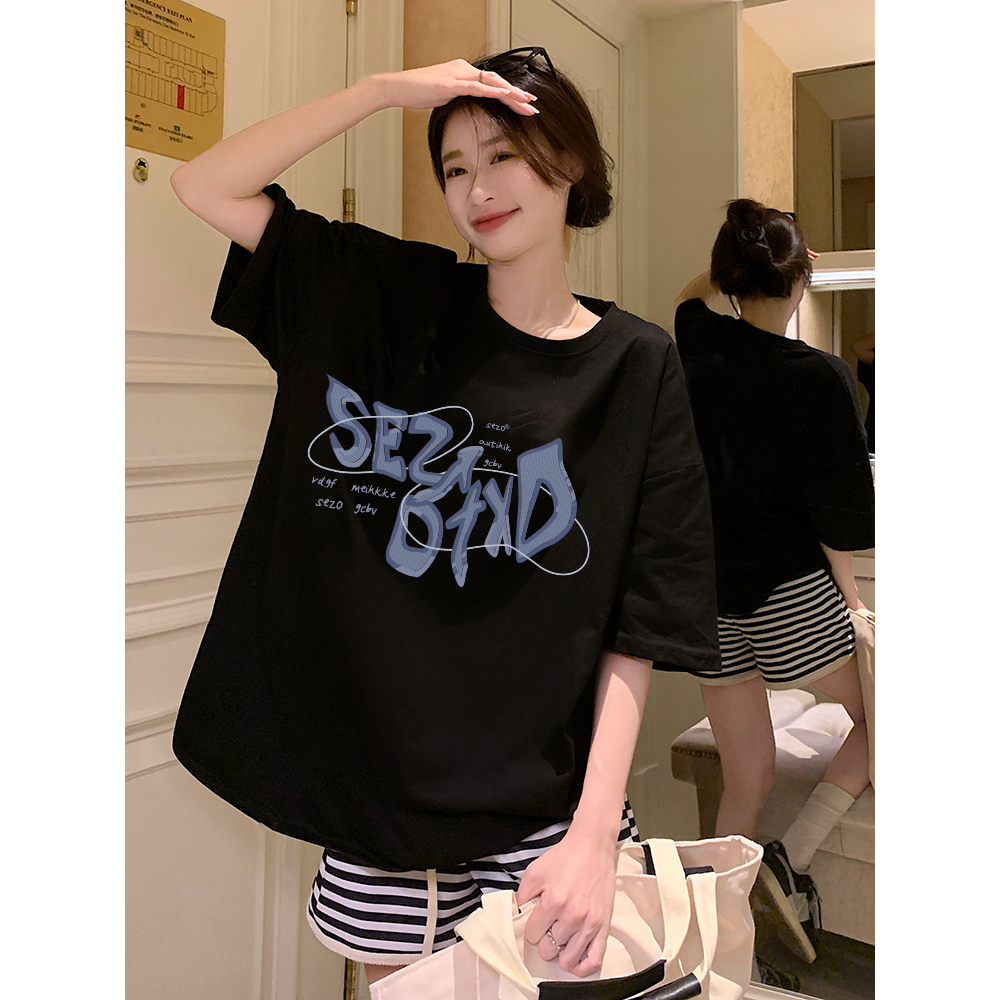 XiaoZhaiNv Kaos Atasan Wanita Huruf Biru Pattern Lengan Pendek A0639/Korean Style