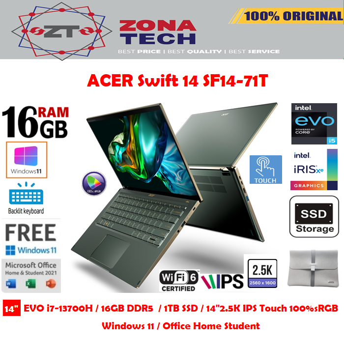 ACER Swift 14 SF14-71T - i7-13700H - 16GB - 1TB SSD - 14&quot;2.5K IPS 100%sRGB TOUCH - WIN11- OHS