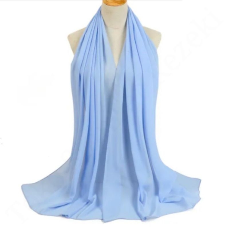 Syal Sifon Biru Selendang Blue Shawl Scarf Plain Retro Polos Laut Muda