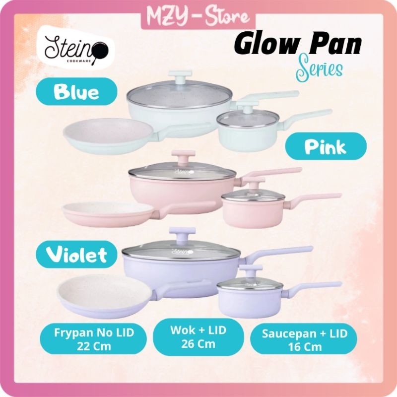 Stein Glow Pan Set Violet Blue Pink Steincookware Glowpan Violet Glowpan Pink Glowpan Blue  Series Wajan Set (Frypan 22 Saucepan 16 Wokpan 26)