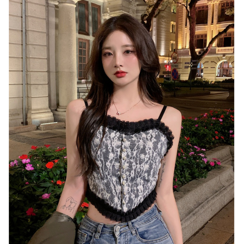 Floral Rajut Kamisol Vintage Bordir Lace Tanktop Kekinian Crop Top Premium