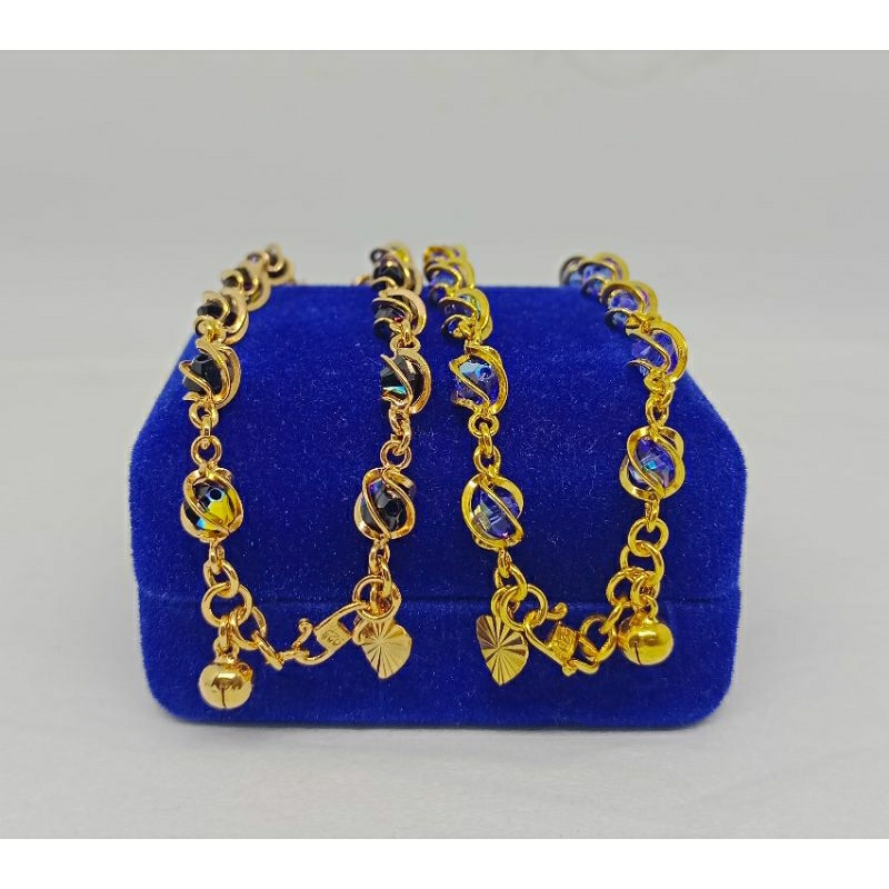 gelang tangan rantai kristal+1bel+1love ukir/perak asli silver 925 lapis emas/perhiasan fashion terbaru