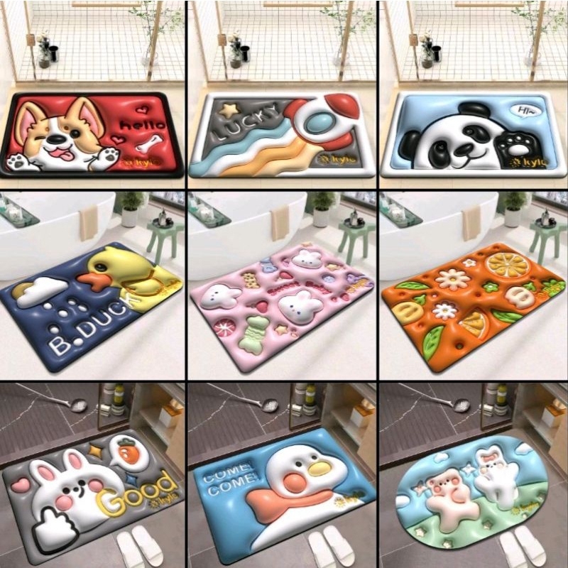 3D Karpet Keset Kamar Mandi Karakter Kamar Mandi Karpet 3D Diatomite Alas Kaki Toilet/Rumah Motif Serap Air Anti Slip