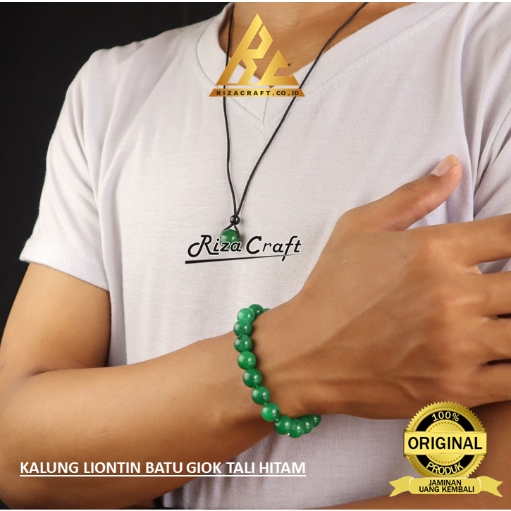 Kalung Liontin Batu Giok Hijau Tali Hitam Asli Alam Natural Keren Pria Wanita Kualitas Terbaik