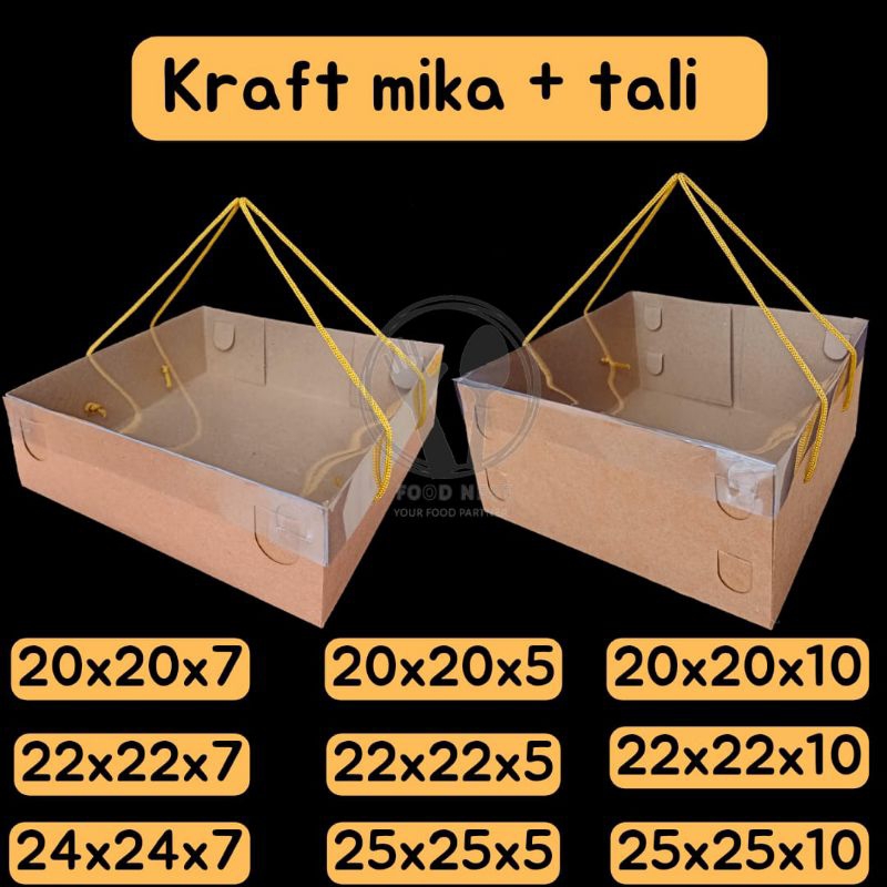 DOS KRAFT MIKA TALI TUTUP MIKA KOTAK KEMASAN KUE CAKE ROTI HAMPERS HANTARAN TINGGI 7CM DAN 10CM KARDUS KOTAK BOX HAMPERS 20x20x7 22x22x27 24x24x7 20x20x10 22x22x10 25x25x10 BOX CHIFFON HAMPERS MUFFIN DUS BOX HANTARAN