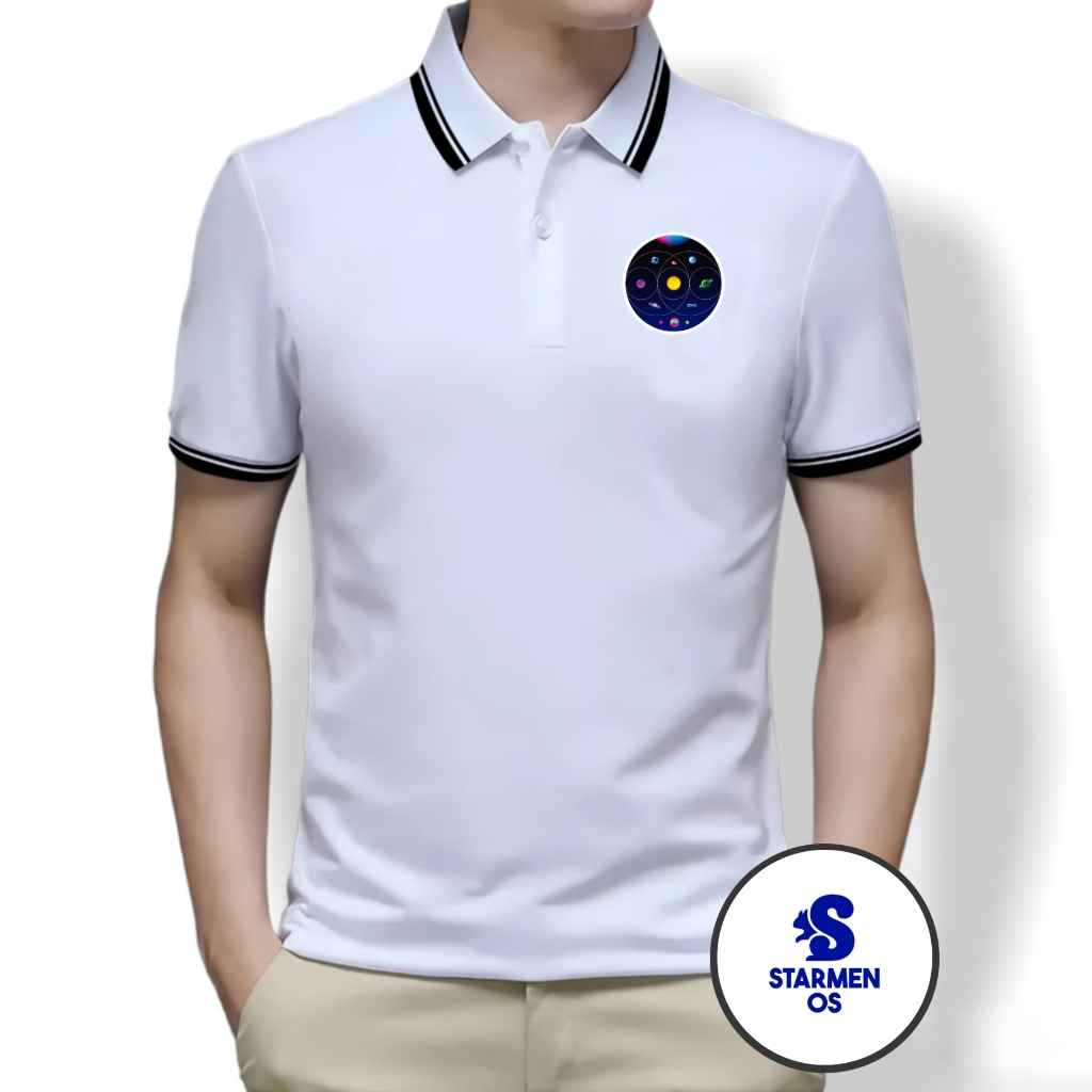 Kaos Polo Shirt Pria Kerah List Putih Logo COLDPLAY B