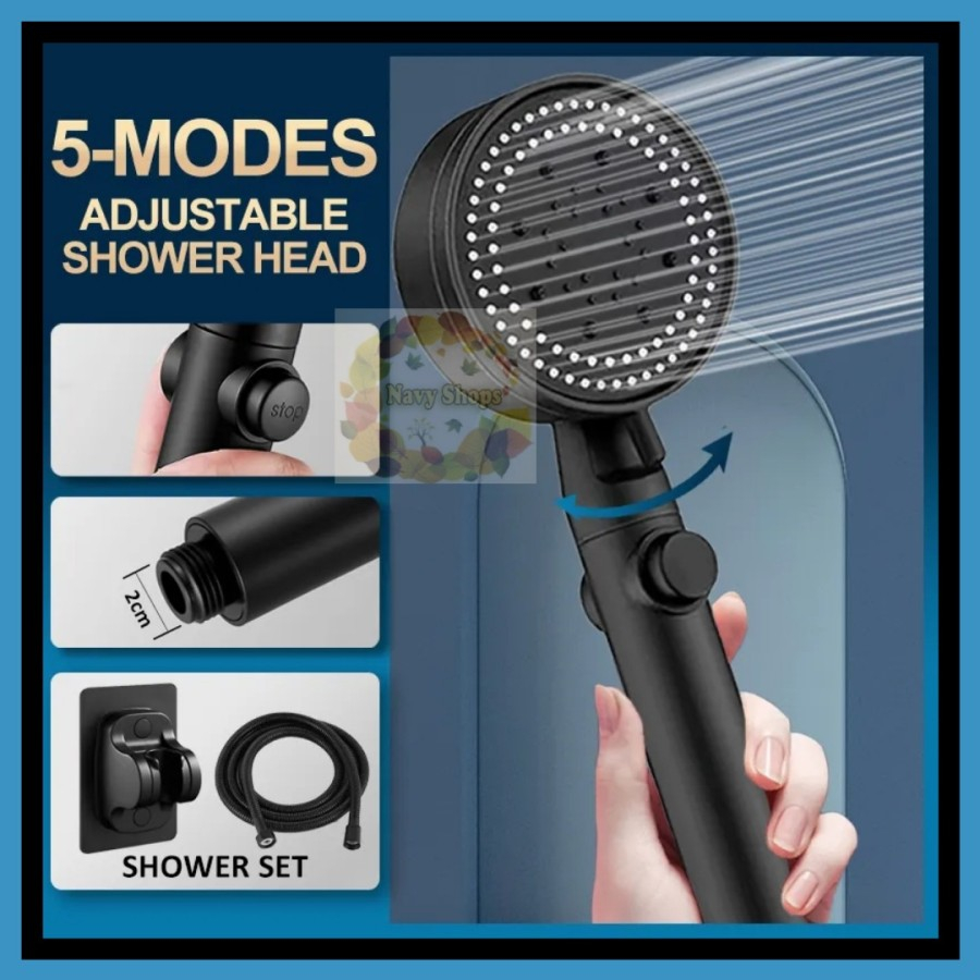 KEPALA SHOWER TEKANAN TINGGI 5 MODE ADJUSTABLE + HOLDER + SELANG