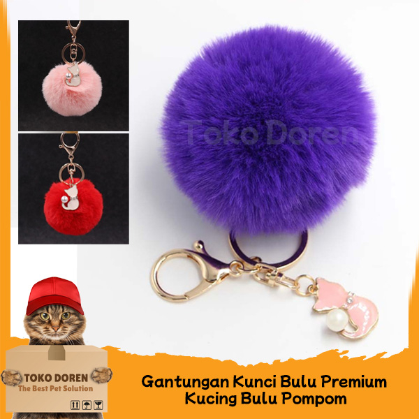 Gantungan kunci bulu premium kucing bulu pompom