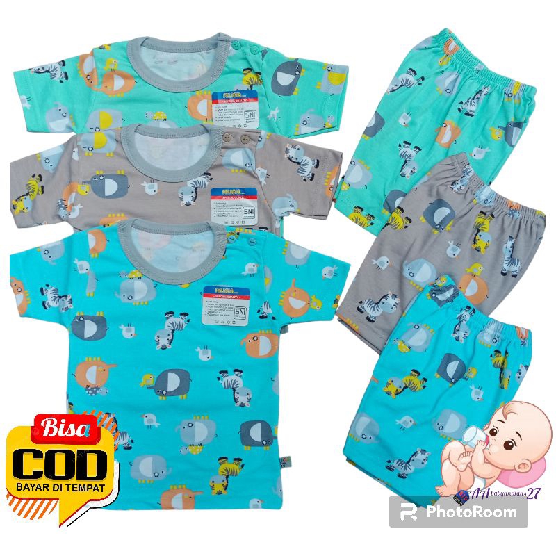 FELICIA 3Pasang Setelan Baju Bayi Kancing Bahu Lengan Pendek Celana Pendek Full Printing Ukuran M L XL SNI Berkualitas