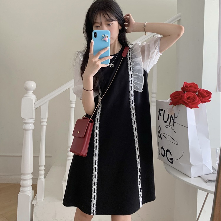 yikoo-Midi dress korea gaun temperamen jaring tambal sulam wanita dres