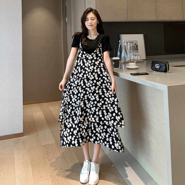 yikoo-Korea set kaos katun warna solid + dres wanita mixi dress