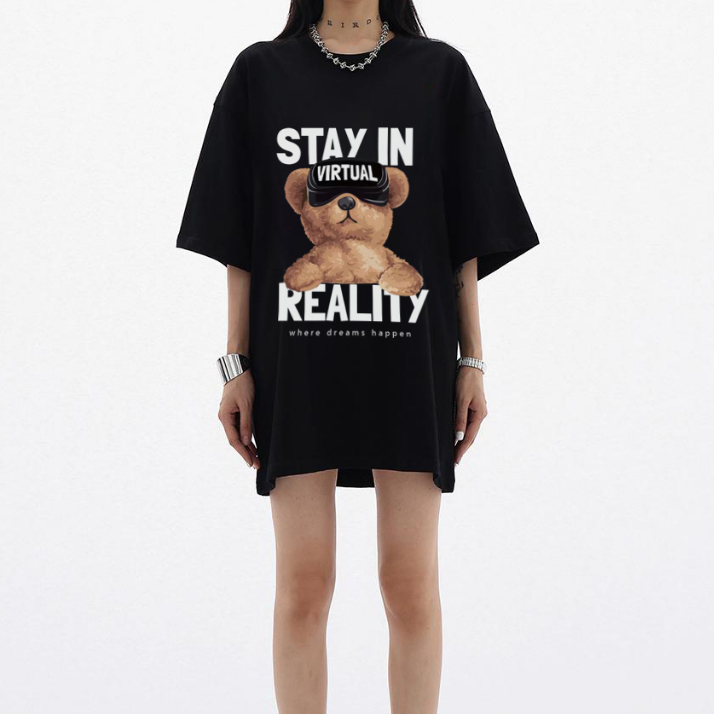 XiaoZhaiNv Kaos Atasan Wanita Stay In Reality Pattern Lengan Pendek A0924