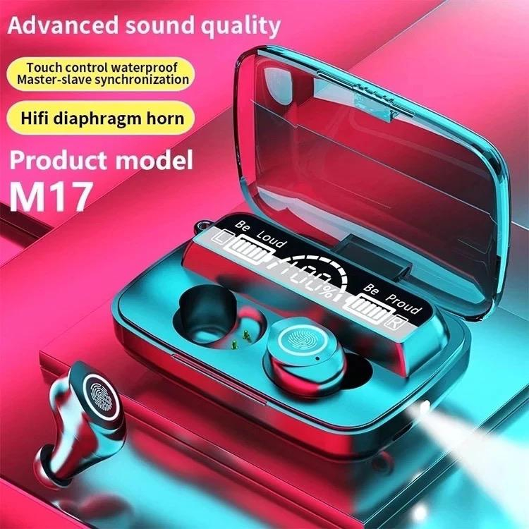 M17 Headphone TWS Nirkabel dengan Mikrofon, Headset Earbud BT Olahraga Stereo 9D