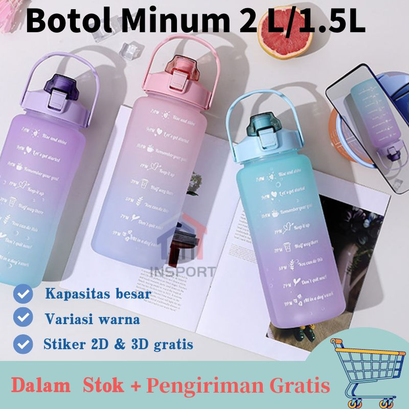 【Stiker Gratis】Botol Minum 2 Liter Botol Minum Viral Botol 2000ml 2L Pelangi Botol Minum Motivasi FREE 2D&amp;3D STICKER