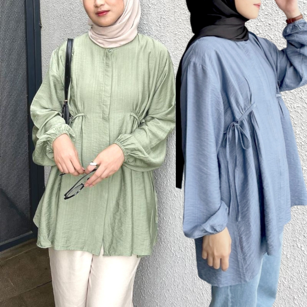 ALBINA BLOUSE POLO LINEN - KEMEJA TUNIK TALI KERUT PINGGANG - ATASAN WANITA MUSLIM - KEMEJA BLOUSE WANITA