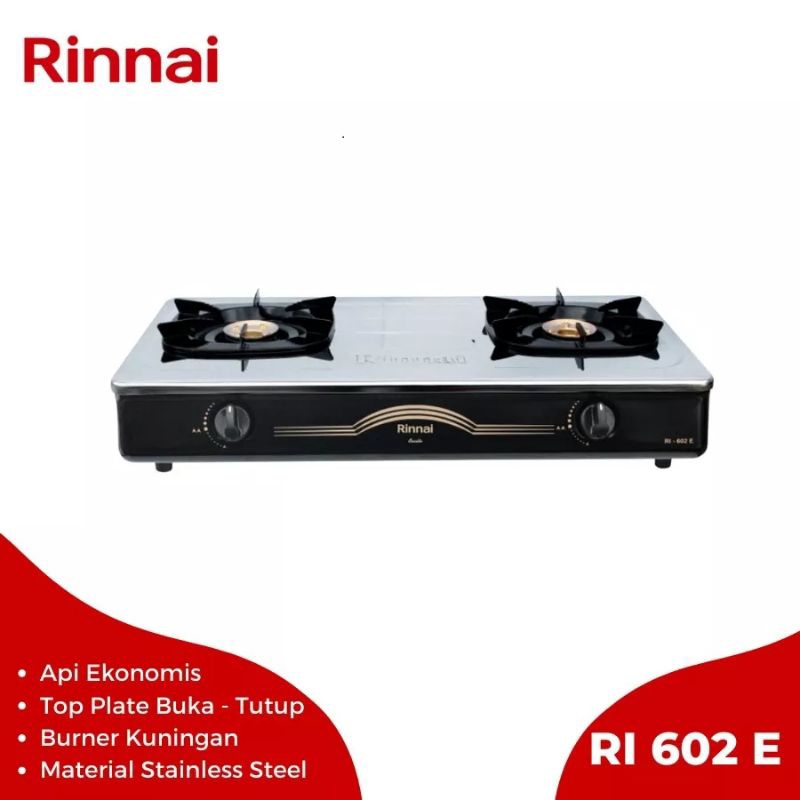 Kompor Gas Rinnai RI 602E Api ekonomis buka tutup stainless steel / Kompor 2 Tungku Rinnai RI 602 E 