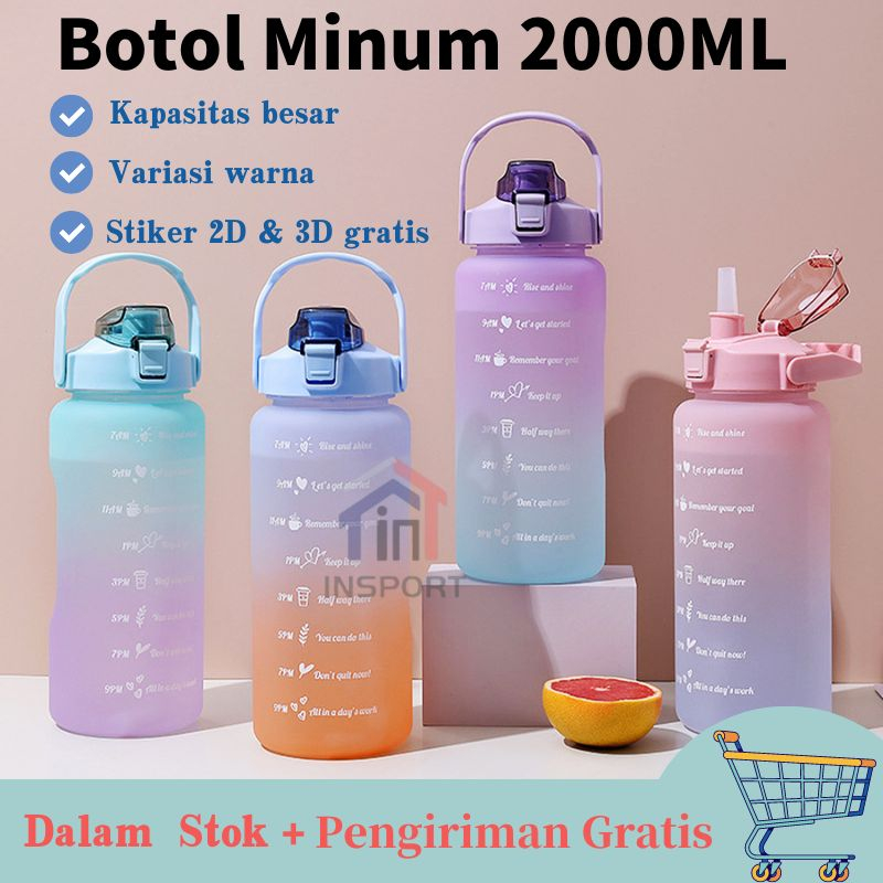 【Gratis tali panjang&amp;2D&amp;3D stiker】botol air minum viral gradasi pelangi / botol kekinian rainbow 1.5 liter