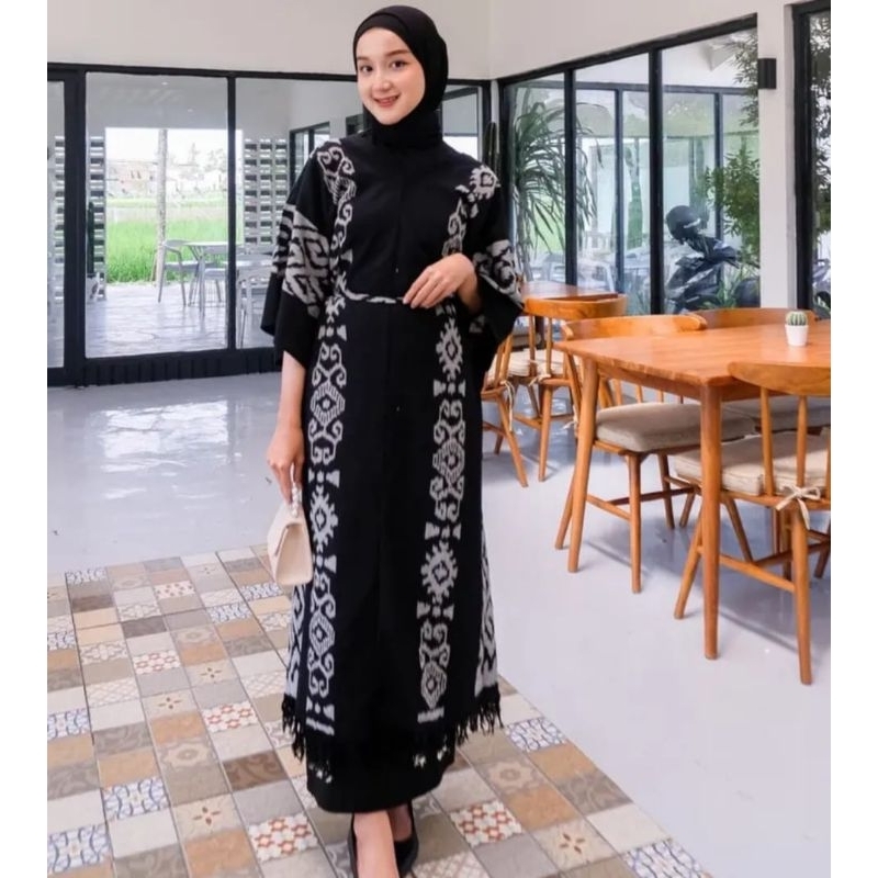 ready stok kaftan tenun aluna hitam abu - set couple baju tenun - set couple - set couple baju kelua