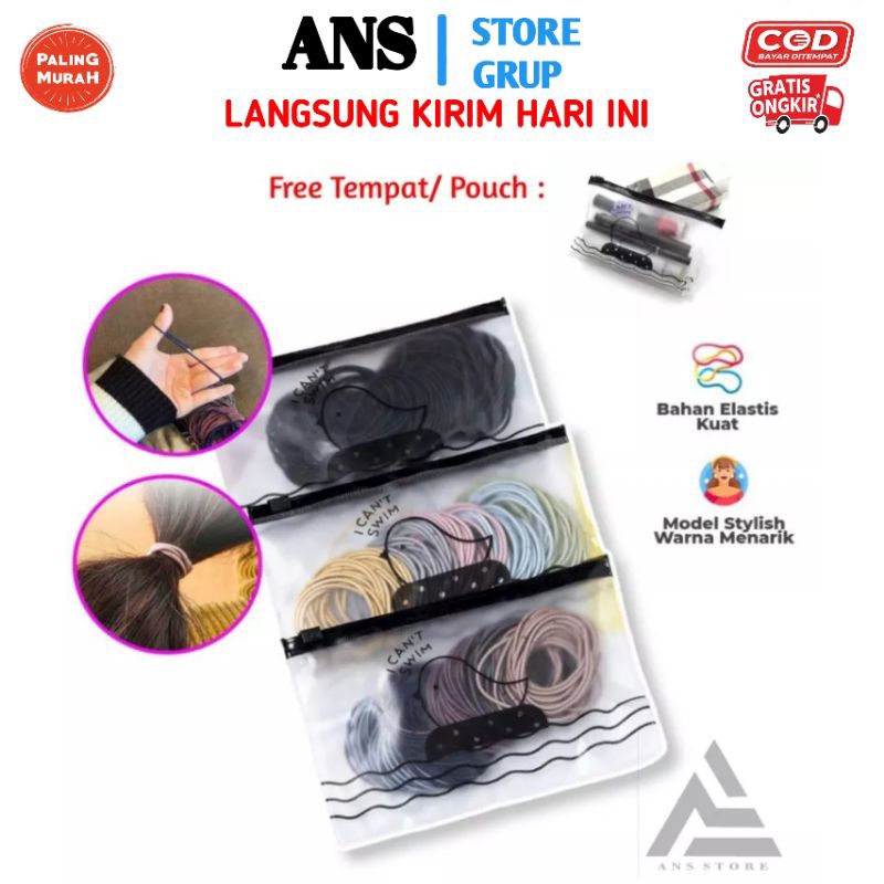 [ Free Pouch ] Ikat Rambut isi 100 Karet Polos Elastis Gaya Korea | Karet Gelang | Kuciran Rambut Wa