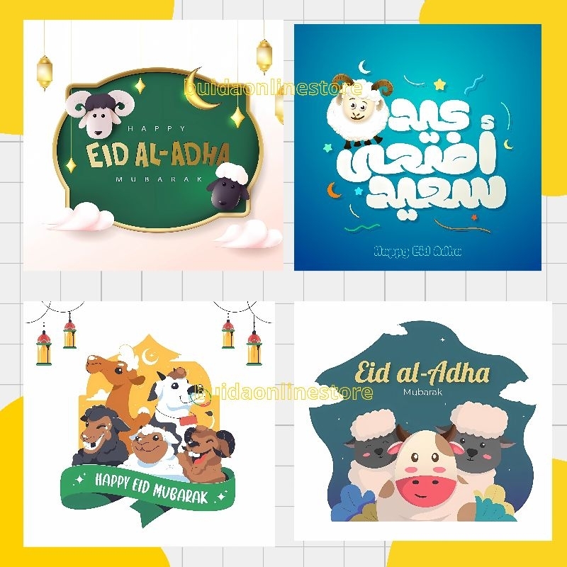 

Motif E Sticker Kartu Ucapan Stiker Selamat Hari Raya Idul Adha Eid Al-Adha Mubarak dekorasi kemasan hampers bingkisan label hiasan toples mika parcel hangtag hantaran daging kurban gambar kambing domba sapi onta kartun lucu custom tulisan tambah nama