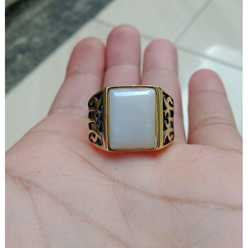 Cincin batu akik Yaman Abyad kotak cutting natural