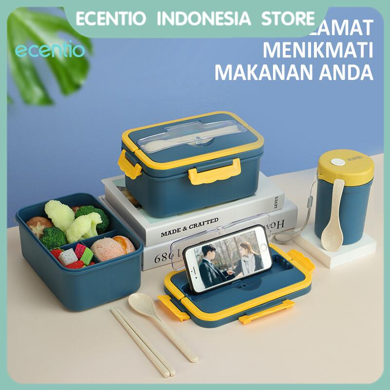 ecentio Lunch Box stailes 3 sekat anti tumpah tempat penyimpan bekal keman kotak makan FREE SENDOK