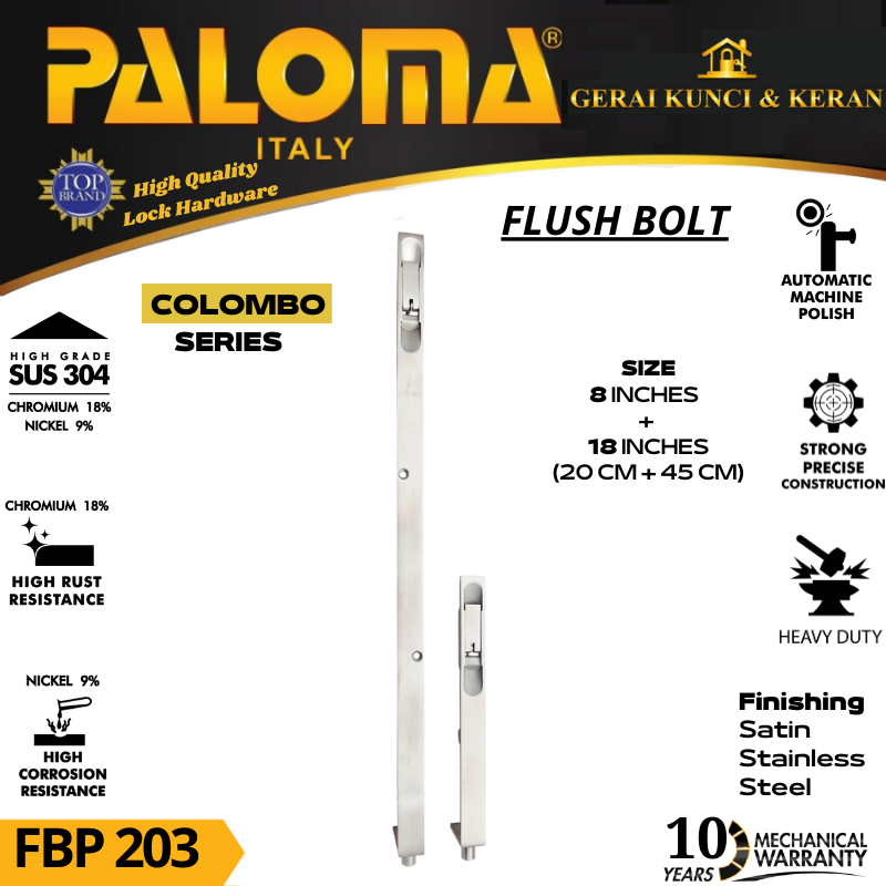 PALOMA FBP 203 SLOT PINTU  GRENDEL TANAM COLOMBO  8 + 18  INCH FLUSH BOLT (20+45CM) STAINLESS