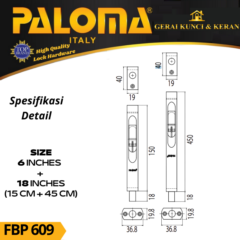 PALOMA FBP 609 Flush Bolt  SABRINA 6&quot;+18&quot; Grendel Tanam Slot Pintu GOLD EMAS PB