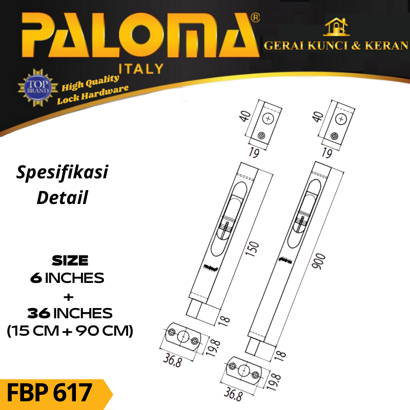 PALOMA FBP 617 SLOT PINTU GRENDEL TANAM 6+36 INCH ( 15+90 CM ) GOLD PB EMAS FLUSH BOLT