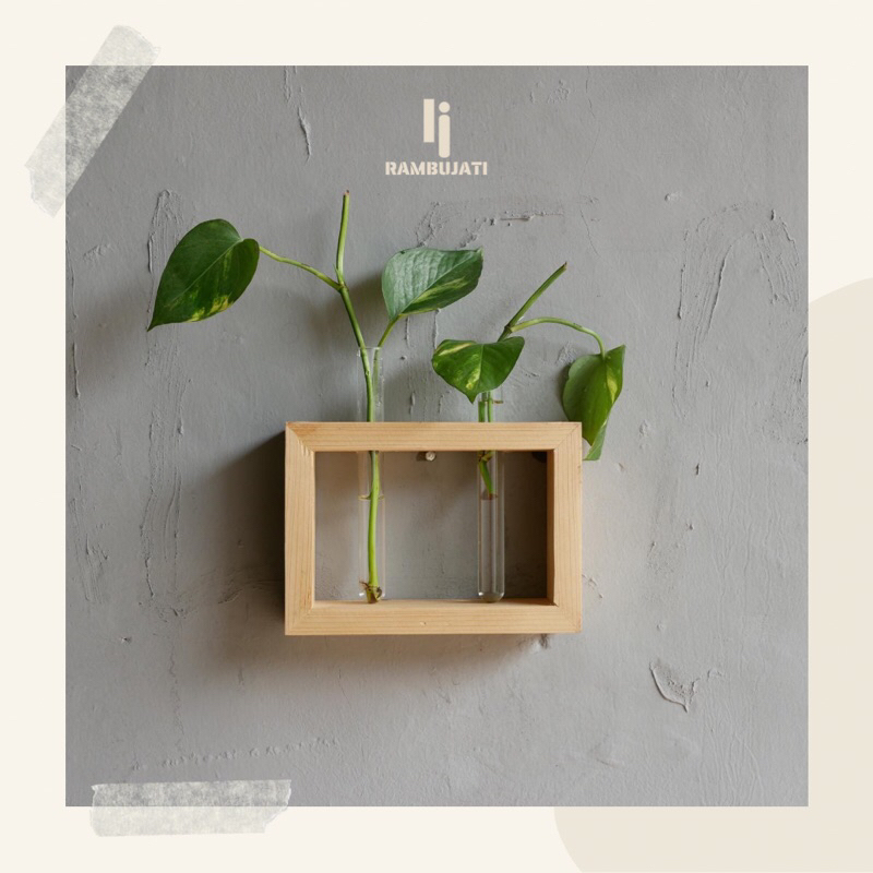 Wooden Glass Test Tube Vase Rack Propagation Aesthetic / Pajangan Bingkai Bunga Kering 2 Tabung / Hi