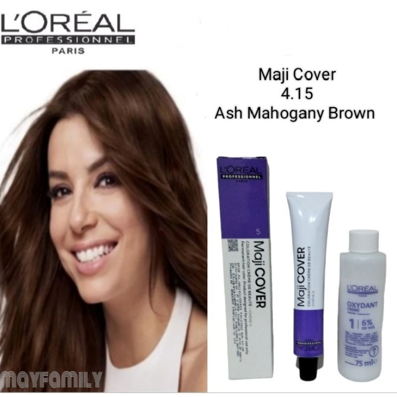 cat rambut loreal majirel maji cover 4.15 ash Mahogany brown + oxidant