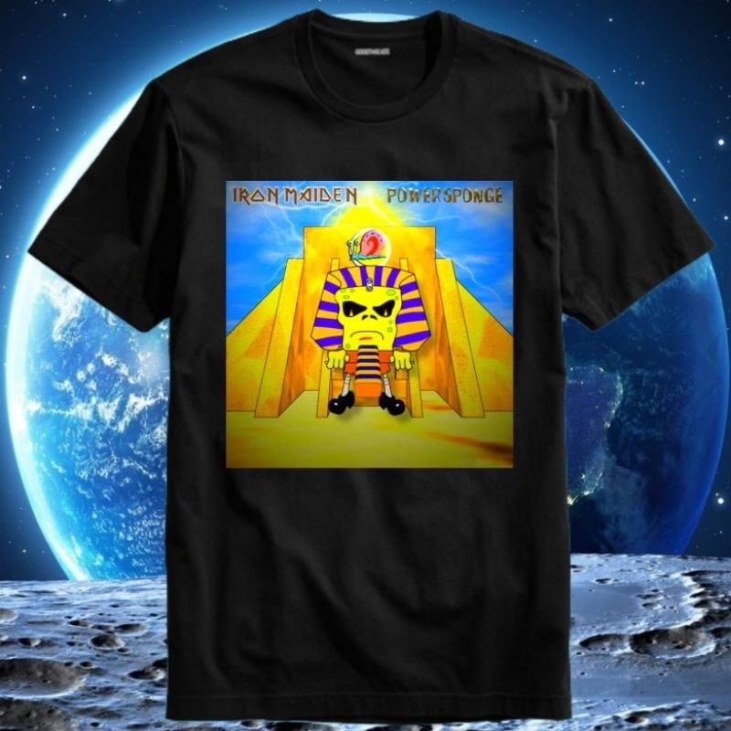 Baju Kaos Tshirt Pria Laki Cowok Cewek Unisex Band Metal Spongebob Iron Maiden Powerslave Running Re