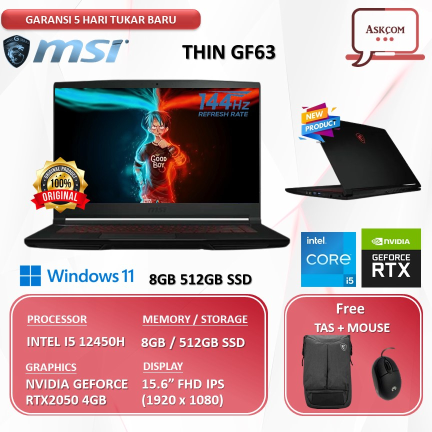 Laptop Gaming MSI THIN GF63 RTX2050 4GB/ I5 12450H 8GB 512GB SSD W11 15.6FHD IPS 144HZ BLIT 12UCX.244