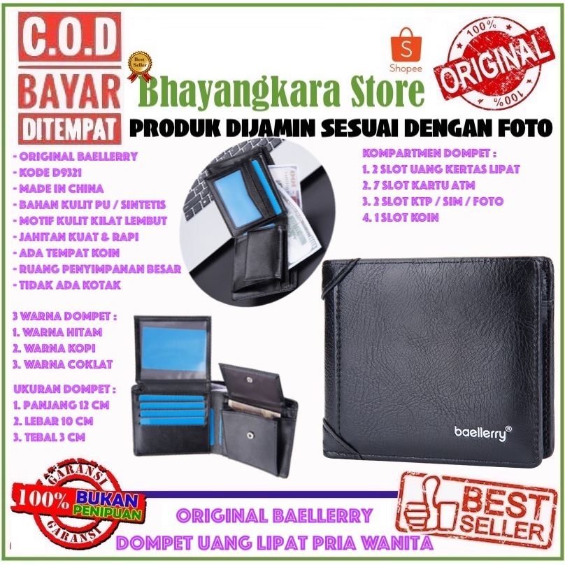 ORIGINAL BAELLERRY D9321 IMPOR DOMPET UANG PRIA TEBAL DENGAN TEMPAT KOIN