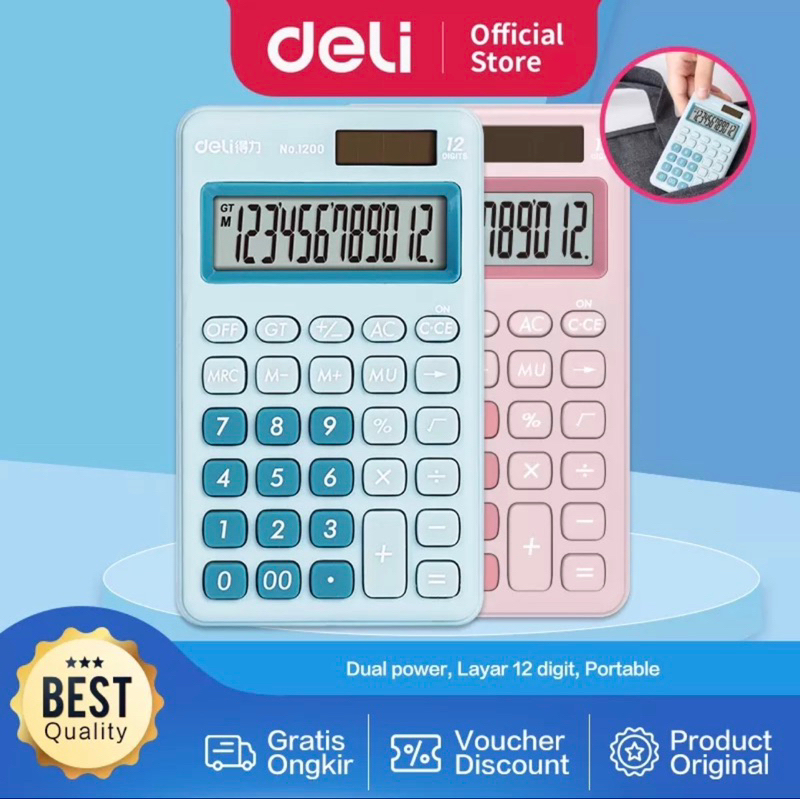 

Kalkulator saku Deli Dual Power 1200 warna 12 Angka