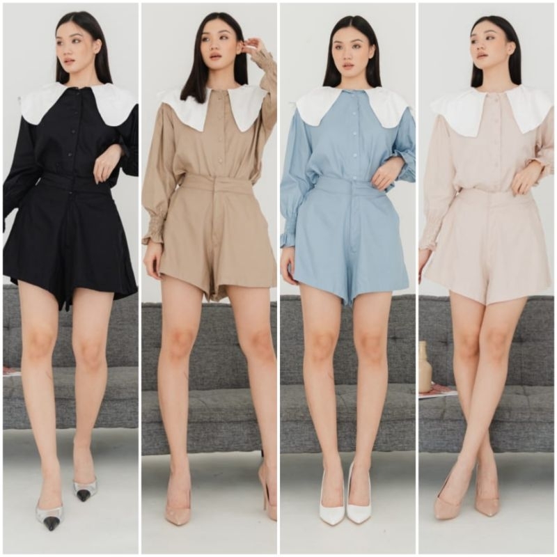 ♡ PREMIUM ♡ ORIGINAL ! VINCIA BIG SIZE 2 IN 1 SET COLLAR LONG SLEEVE BUTTON BLOUSE WITH SHORT PANTS / SETELAN ATASAN KERAH KANCING &amp; CELANA PENDEK ( BUSUI FRIENDLY )