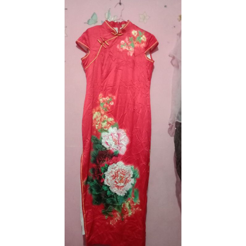 gaun cheongsam merah bunga print preloved