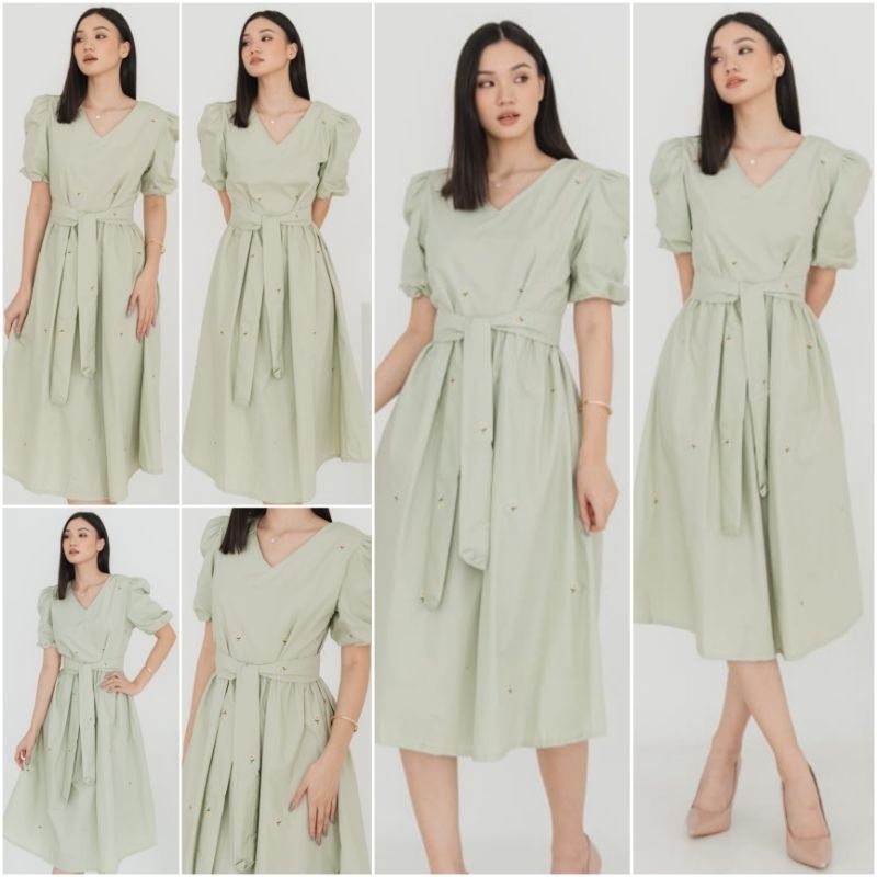 ♡ PREMIUM ♡ ORIGINAL ! MOLLITA VINTAGE V-NECK PASTEL COLOR SUN FLOWER EMBROIDERY TIED MIDI DRESS