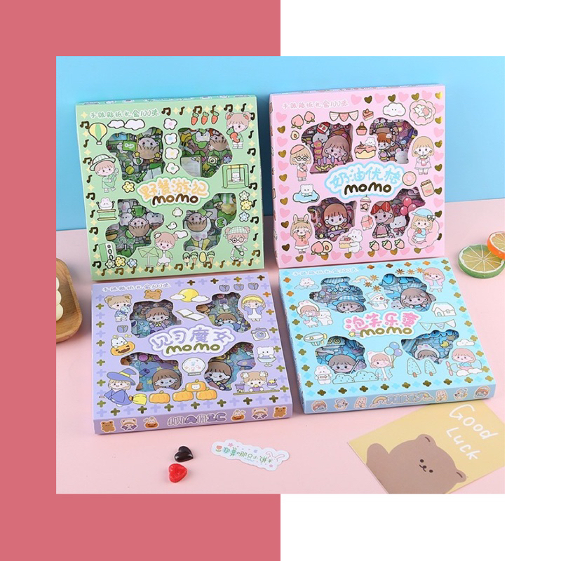 Sticker Waterproof Sticker Momo Dapat Box Isi 100 Lembar Motif Momo Kartun Korea Lucu Anti Air Dekorasi Handbook Scrapbook Sticker