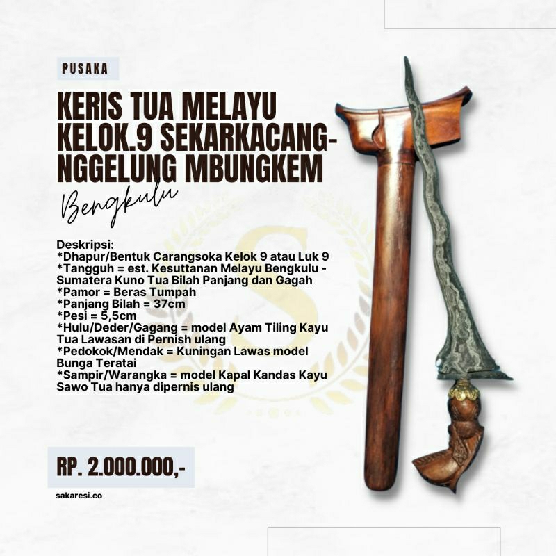 Keris Melayu Sumatera Sumatra Luar Jawa Tua Kuno Sepuh Ori Asli