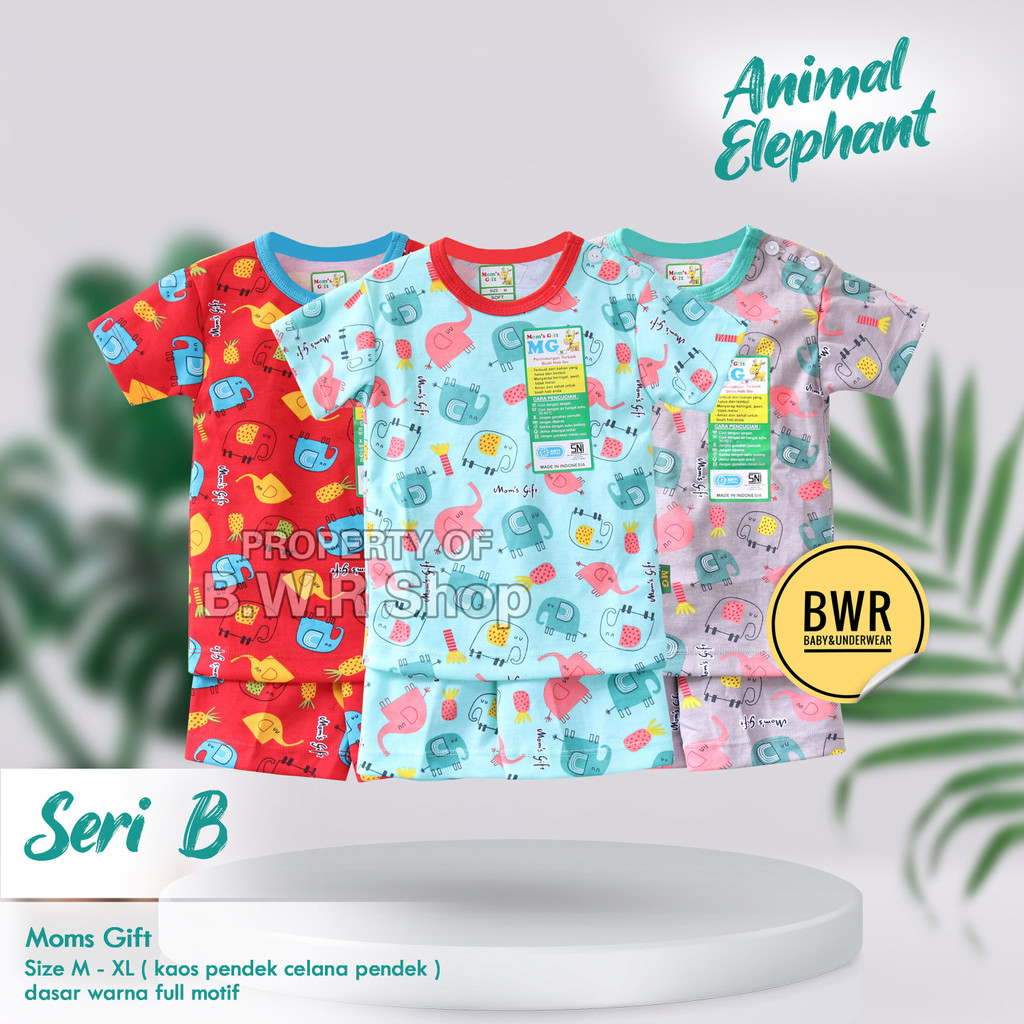 Setelan Moms Gift PENDEK Animals Forest and Elephant / Piyama Anak Unisex Kancing Pundak Mom's Gift Motif | Bwr