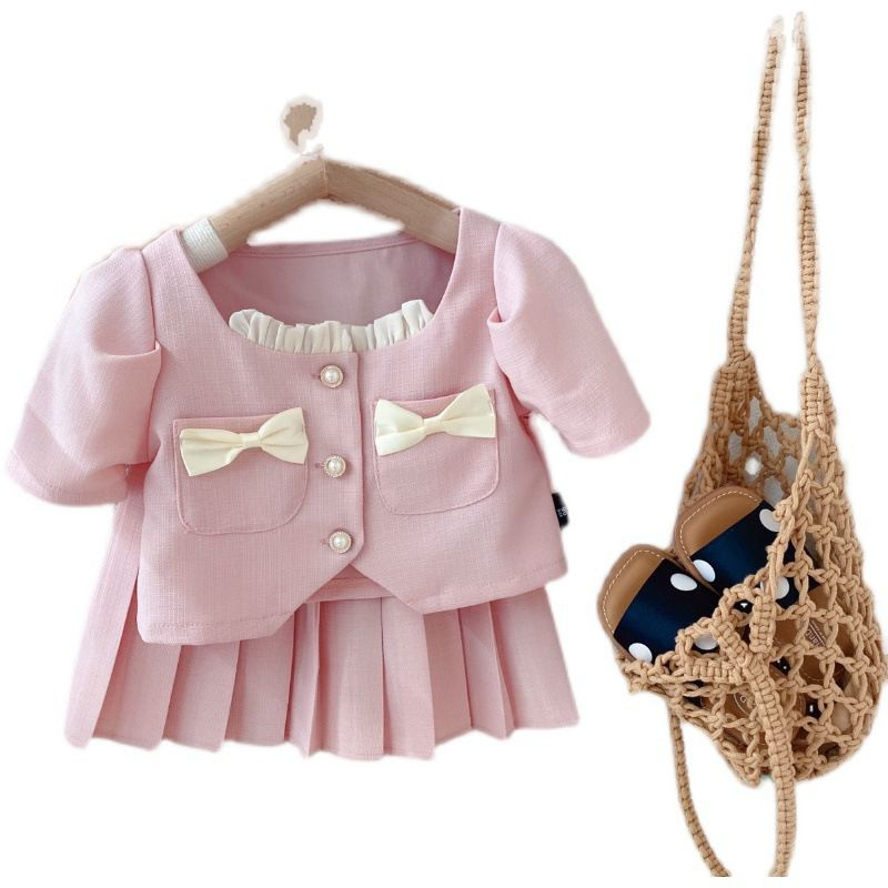 Setelan Anak Perempuan Korean Style Pink Saku Pita+Rok Lipit