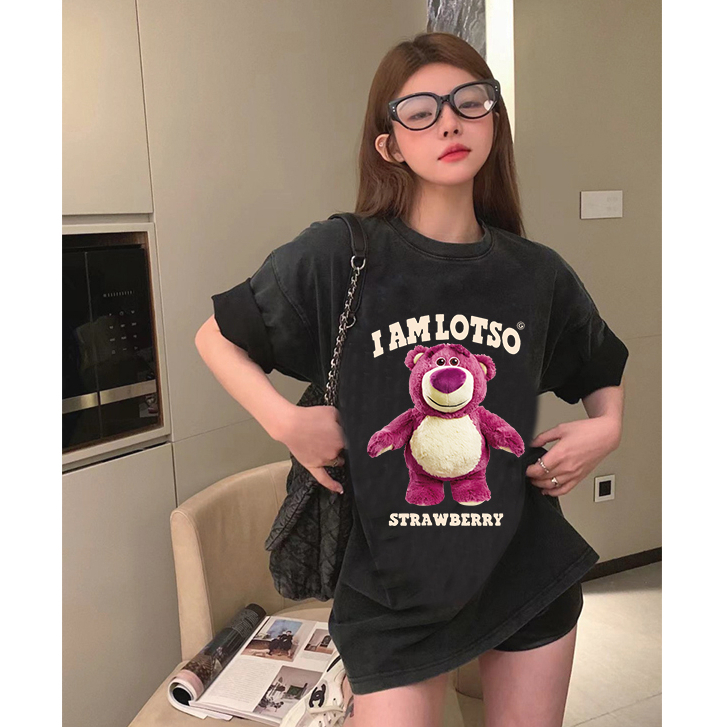 baju oversize kekinian lengan pendek cartoon motif strawberry bear printed kaos hitam import baju atasan wanita terbaru