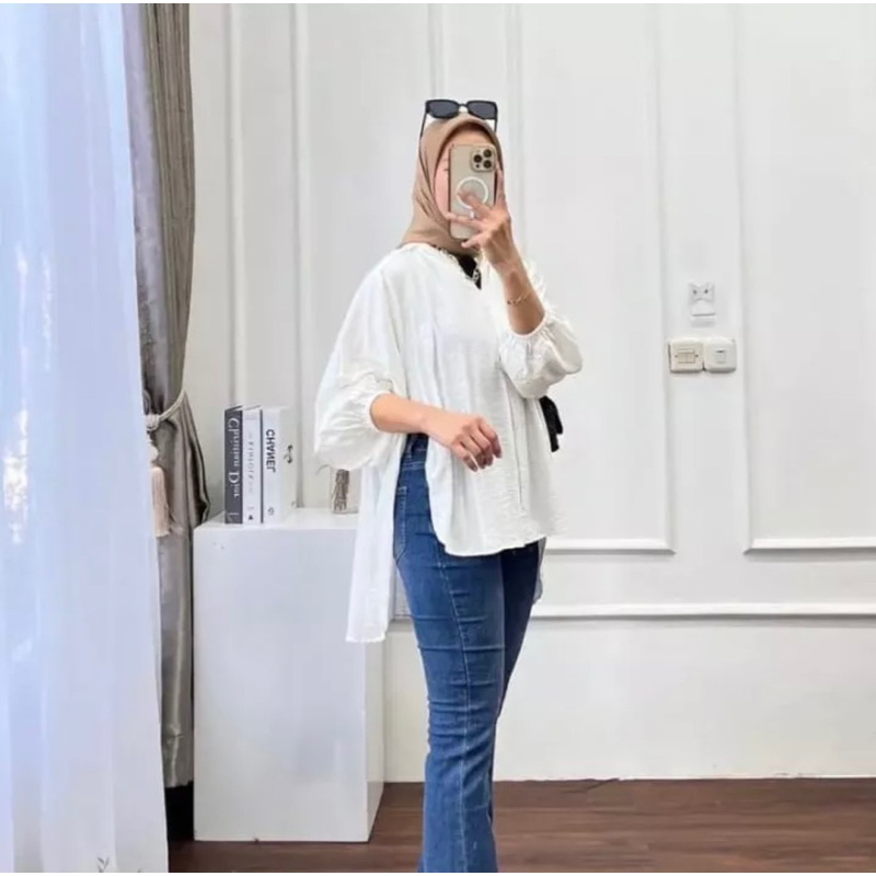 Blouse Wanita Polos Crinkle Airflow Kerah Sanghai Atasan Kemeja Lisa Shirt Ootd Kekinian