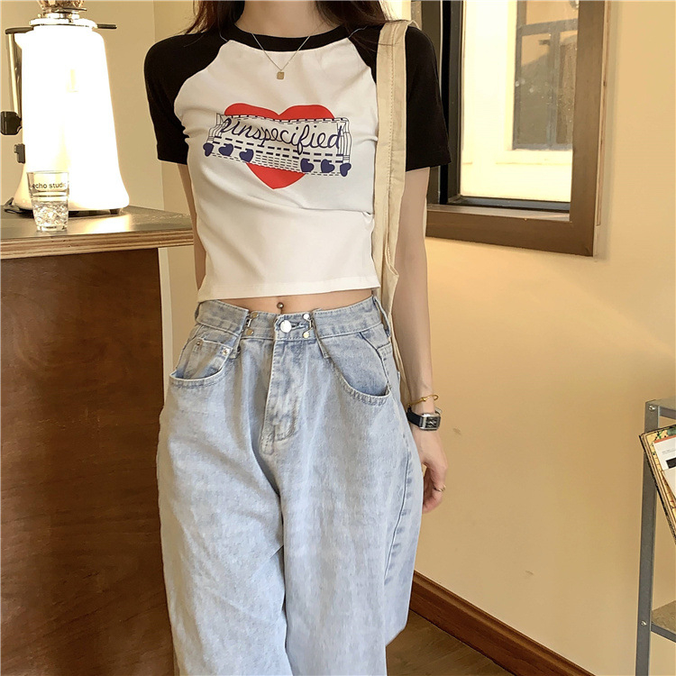 DF BJ389 Kaos Pendek Wanita Baju Atasan Crop Top Ketat Print Huruf Retro