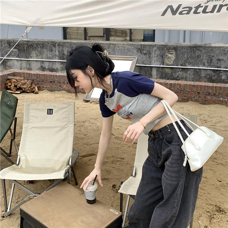 DF BJ389 Kaos Pendek Wanita Baju Atasan Crop Top Ketat Print Huruf Retro