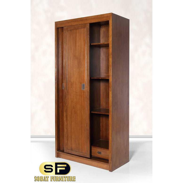 Lemari Pakaian Minimalis Kayu Jati 2 Pintu Geser Model Slim Simpel