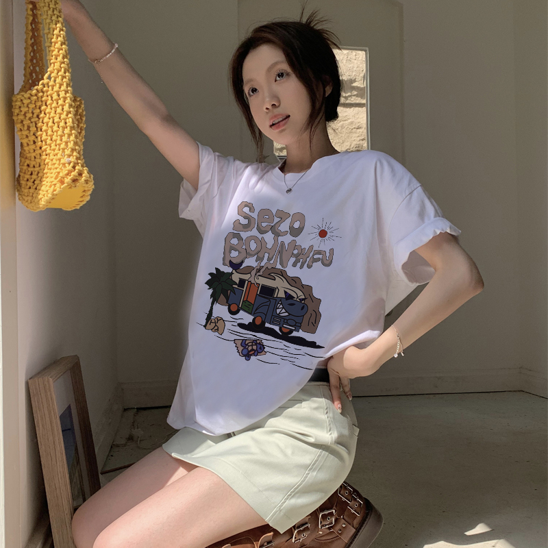 Korean Style Print T-shirt Kaos Lengan Pendek Cartoon Desert Car Oversize Atasan Wanita