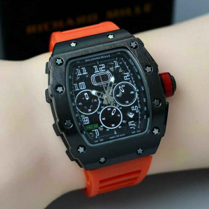 Jam Tangan Pria RM Richard Mile Crono Aktif Body Hitam Tali Orange - Jam Tangan Pria